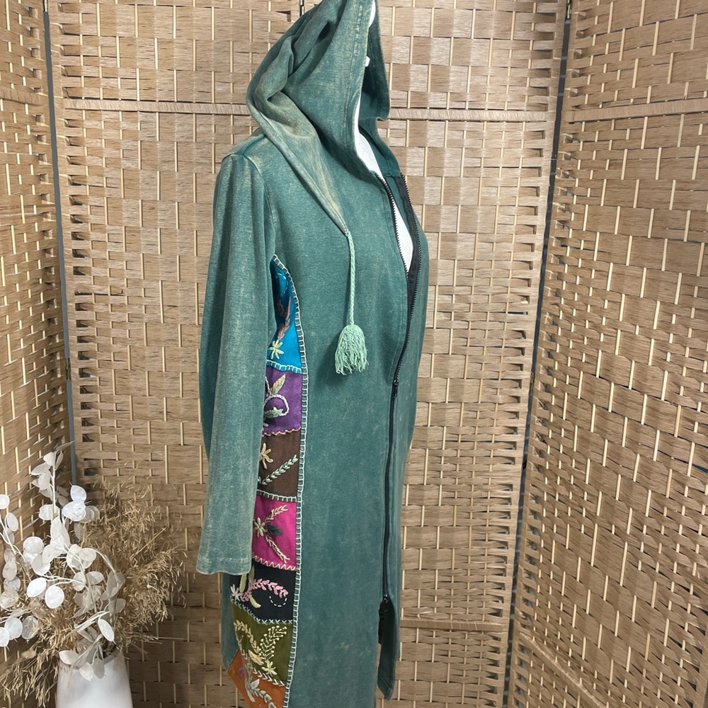 Green Hooded Cotton Embroidered Hoodie Jacket